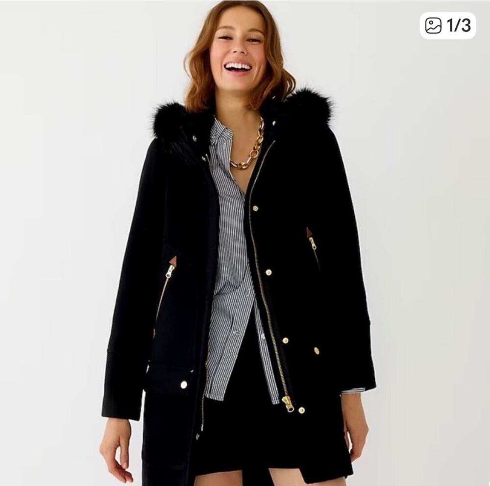 J. Crew Women's Chateau Parka Italian Stadium-Cloth Wool Coat Black Sz 4 Petite